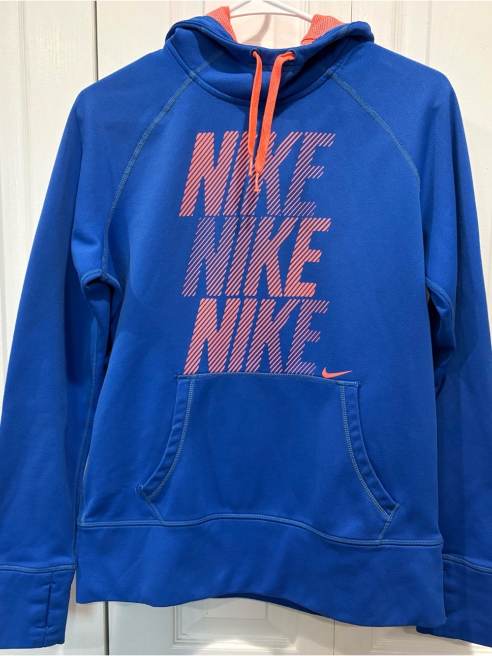 Nike Therma Fit Hoodie Womens M Blue Orange Pullover Sweatshirt Thumb Holes